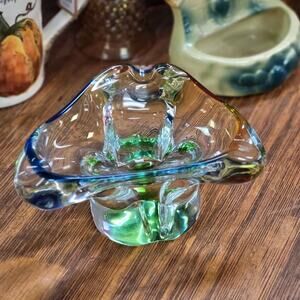 Vintage MCM Tricolor Ashtray Murano Style Glass Cigar Tobacciana Decor